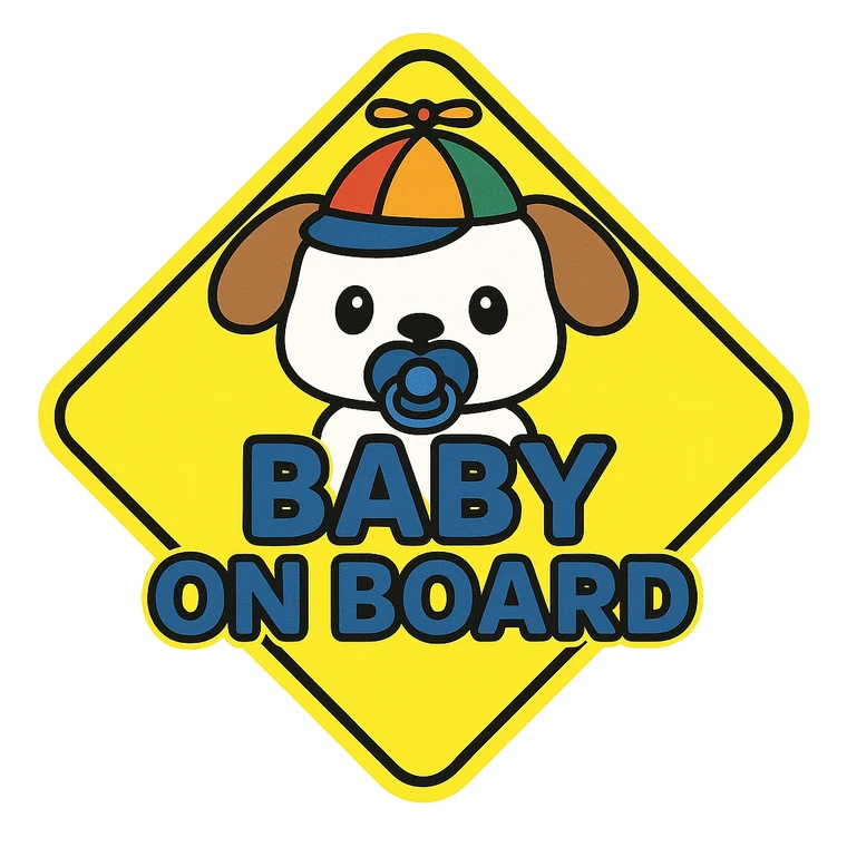 Baby on Board sticker: a white puppy in a rainbow propeller cap with a blue pacifier on a yellow diamond sign