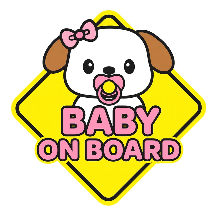 Baby on Board sticker: a white puppy with a pink bow and a pink pacifier on a yellow diamond sign