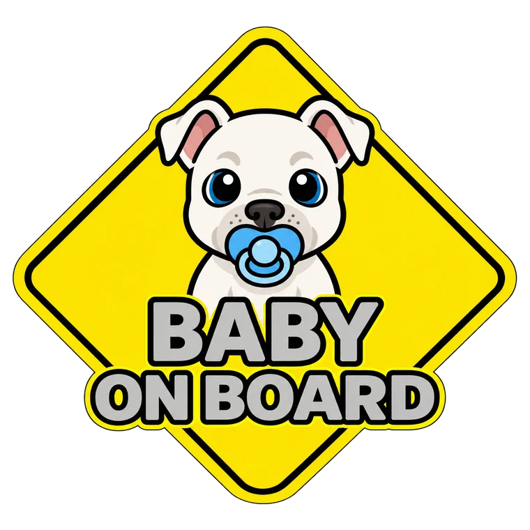 Baby on Board sticker: a white pit bull puppy with blue eyes and a blue pacifier on a yellow diamond sign